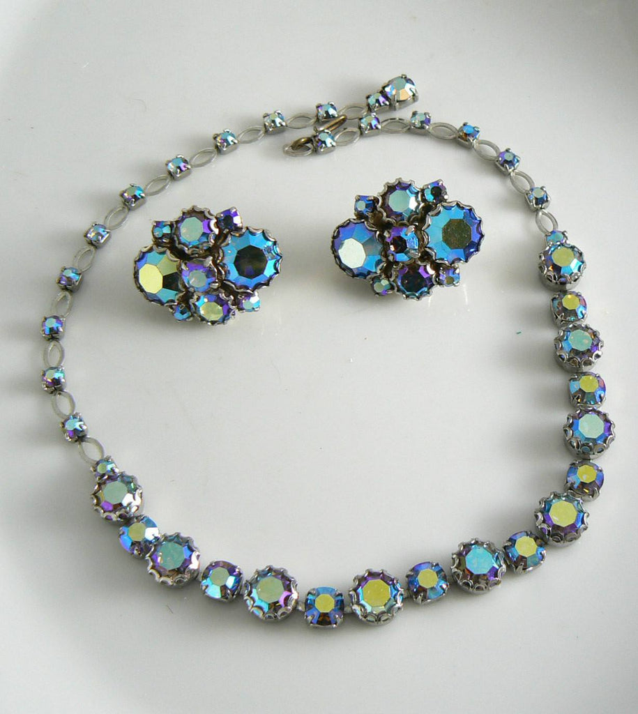 Unsigned Weiss Ab Rhinestone Necklace Earring Set