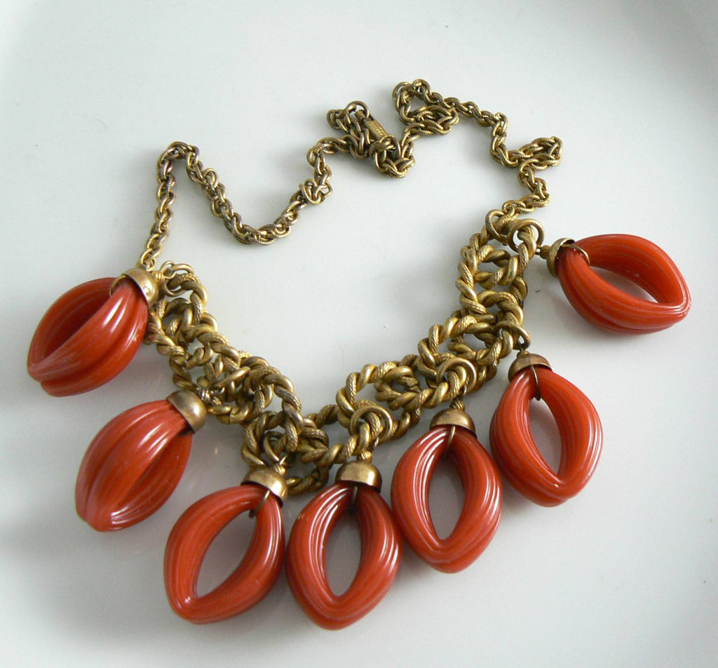 Vintage Signed Miriam Haskell Red Looped Dangle Necklace