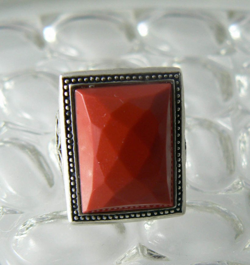 Chunky Sterling Silver Faceted Red Coral Ring