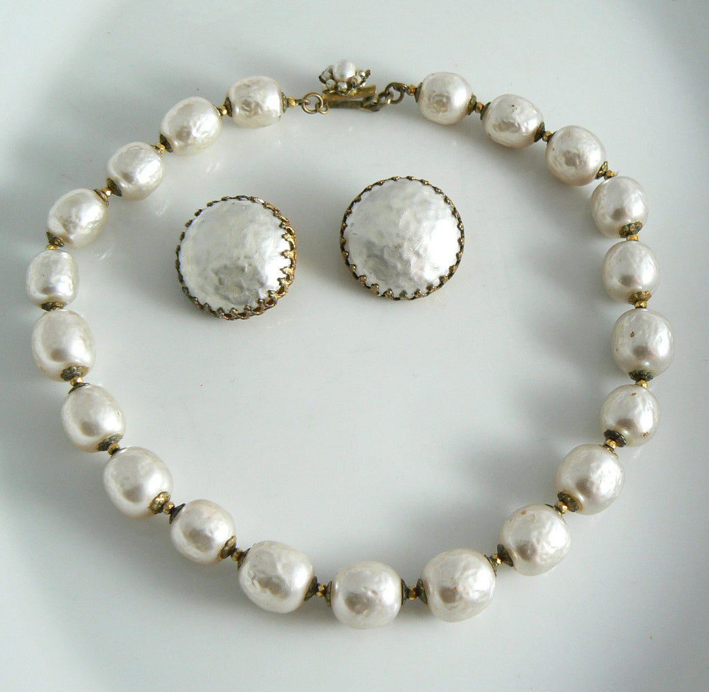 Miriam Haskell Large Baroque Pearl Necklace And Earring Set