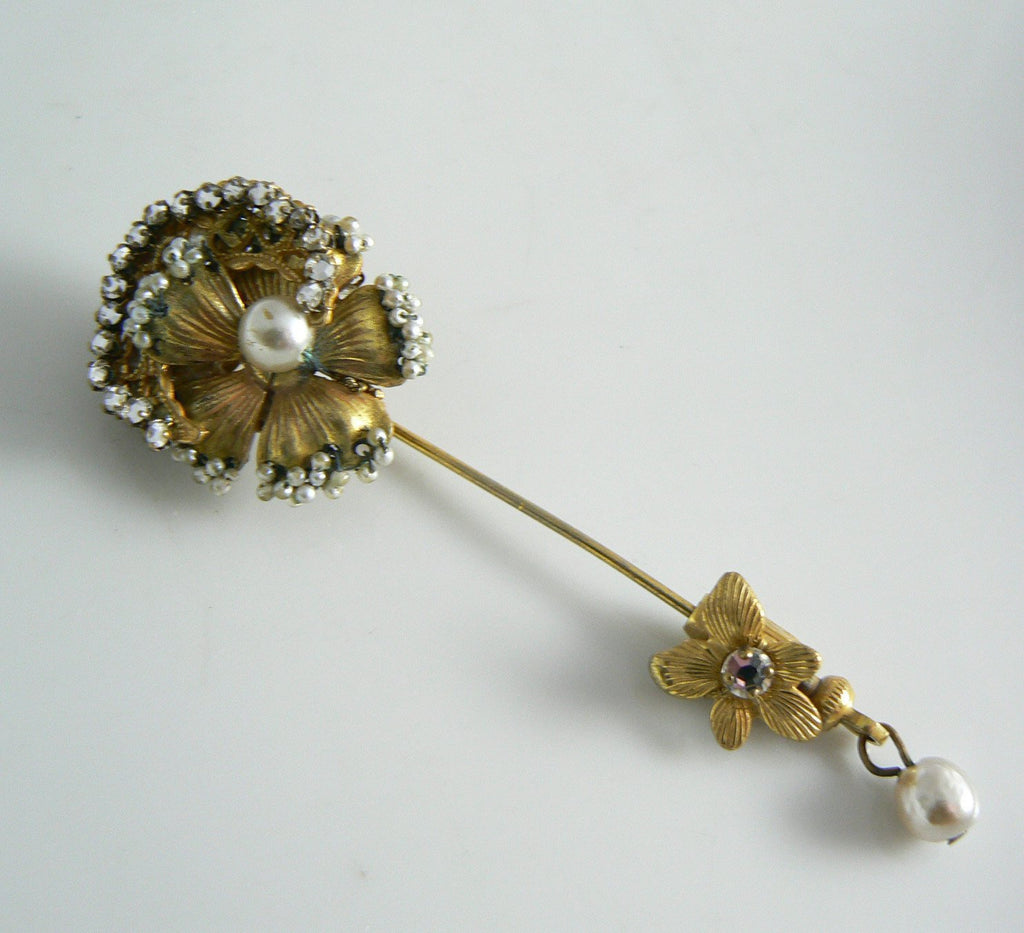 Vintage Miriam Haskell Signed Seed Pearl Gold Tone Stick Pin