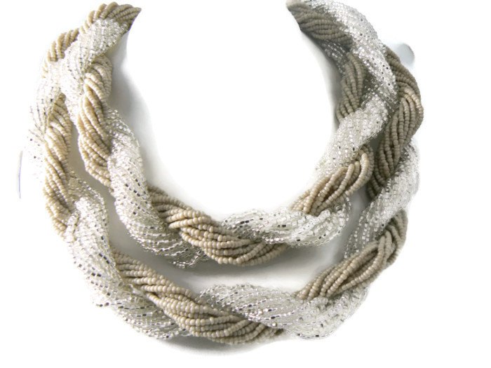 Coldwater Creek Huge Silver & Cream Glass Bead Braided Necklace
