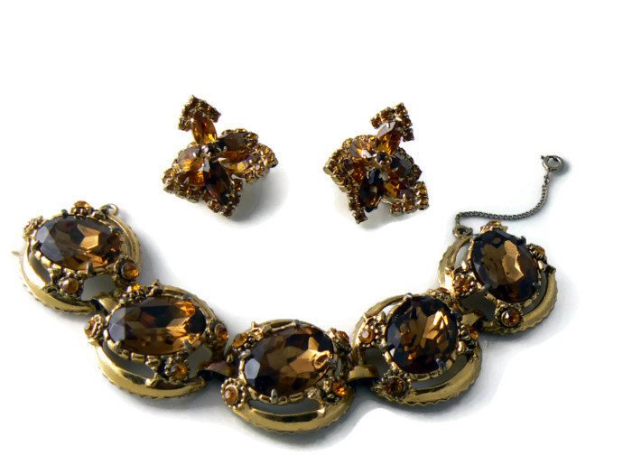 Vintage Chunky Topaz And Amber Bracelet And Earrings Set