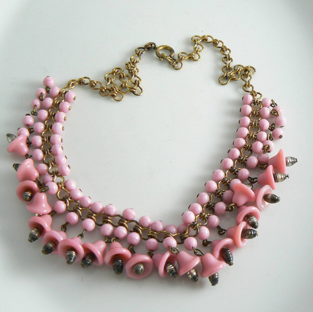 Vintage Pink Poured Glass Bells Dangle Choker Necklace