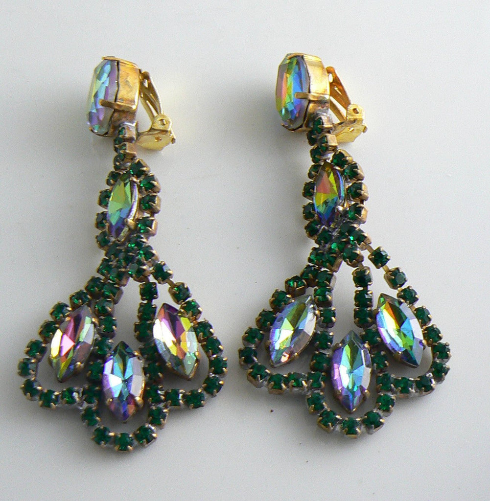 Czech Green And Watermelon Rhinestone Dangle Earrings