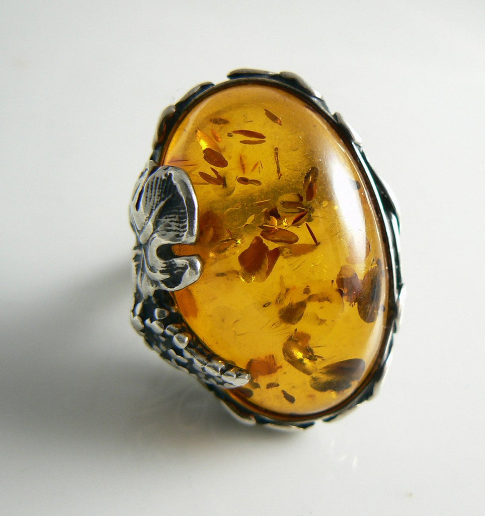 Sterling Silver Genuine Amber Leaf Vine Art Nouveau Ring