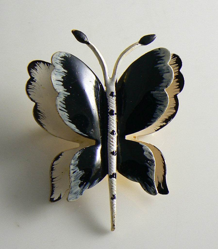 Hattie Carnegie Black & White Enameled Butterfly Vintage Pin