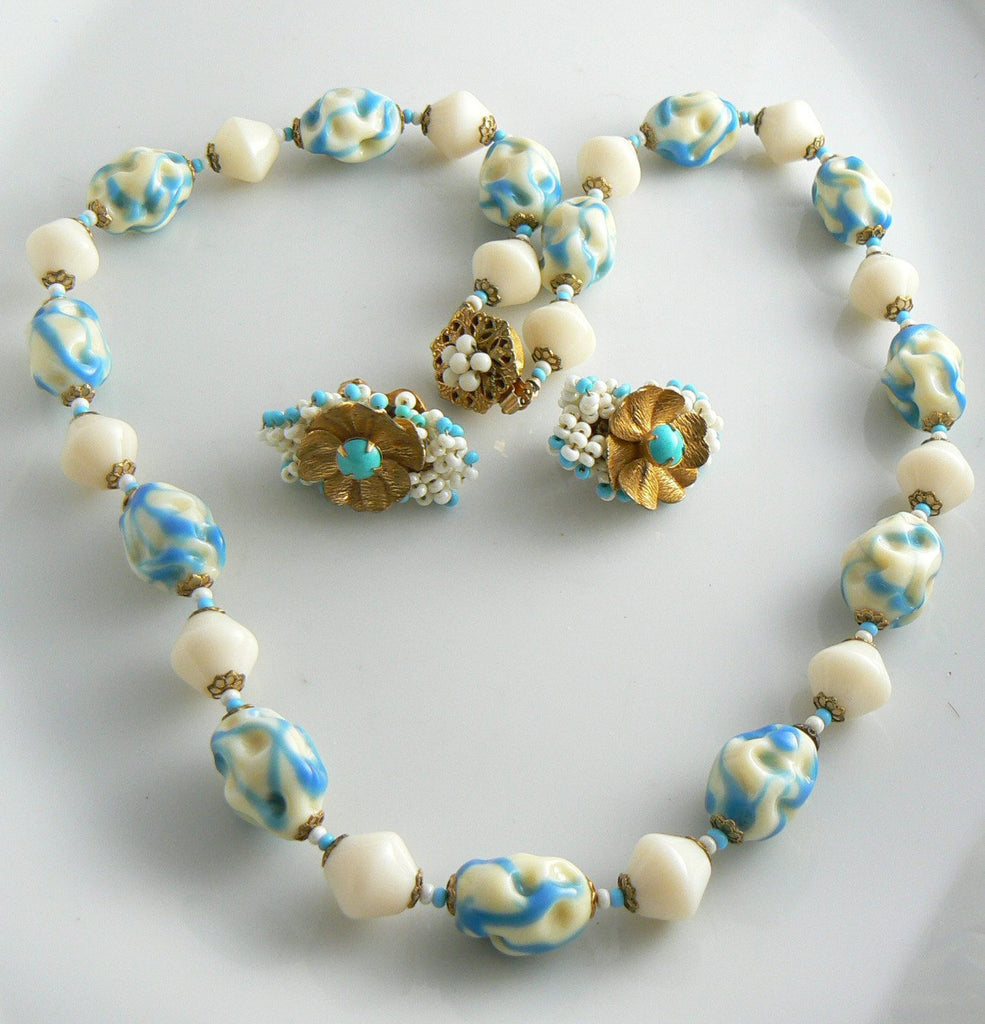 Miriam Haskell Art Glass Necklace Earring Set - Vintage Lane Jewelry