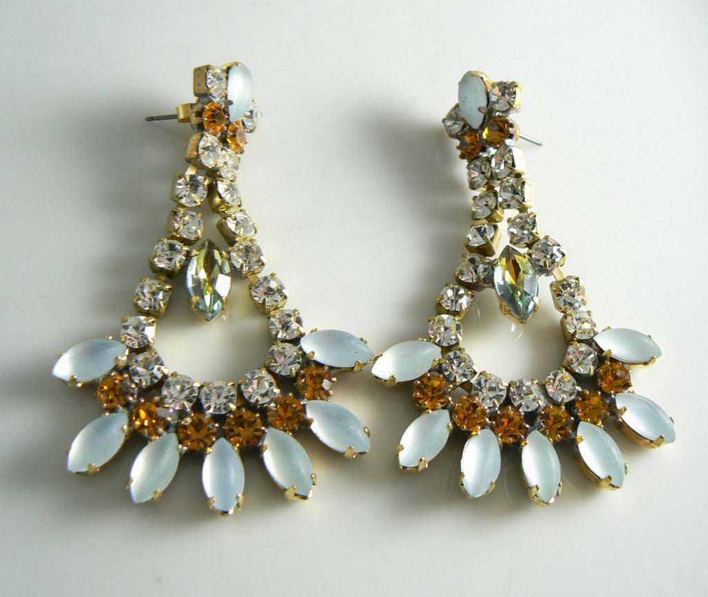 Frosted White And Topaz Czech Glass Earrings