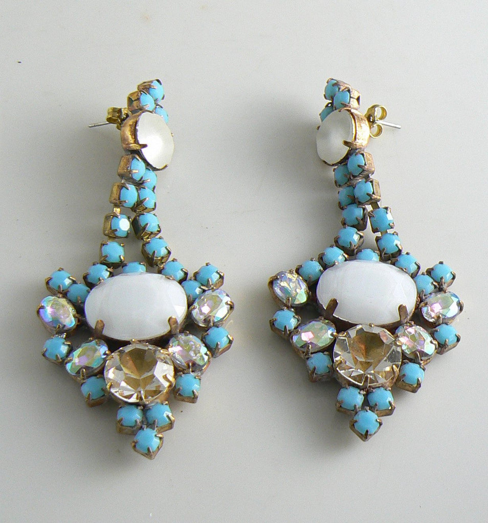 Czech Glass Opaque White And Turquoise Glass Stone Earrings
