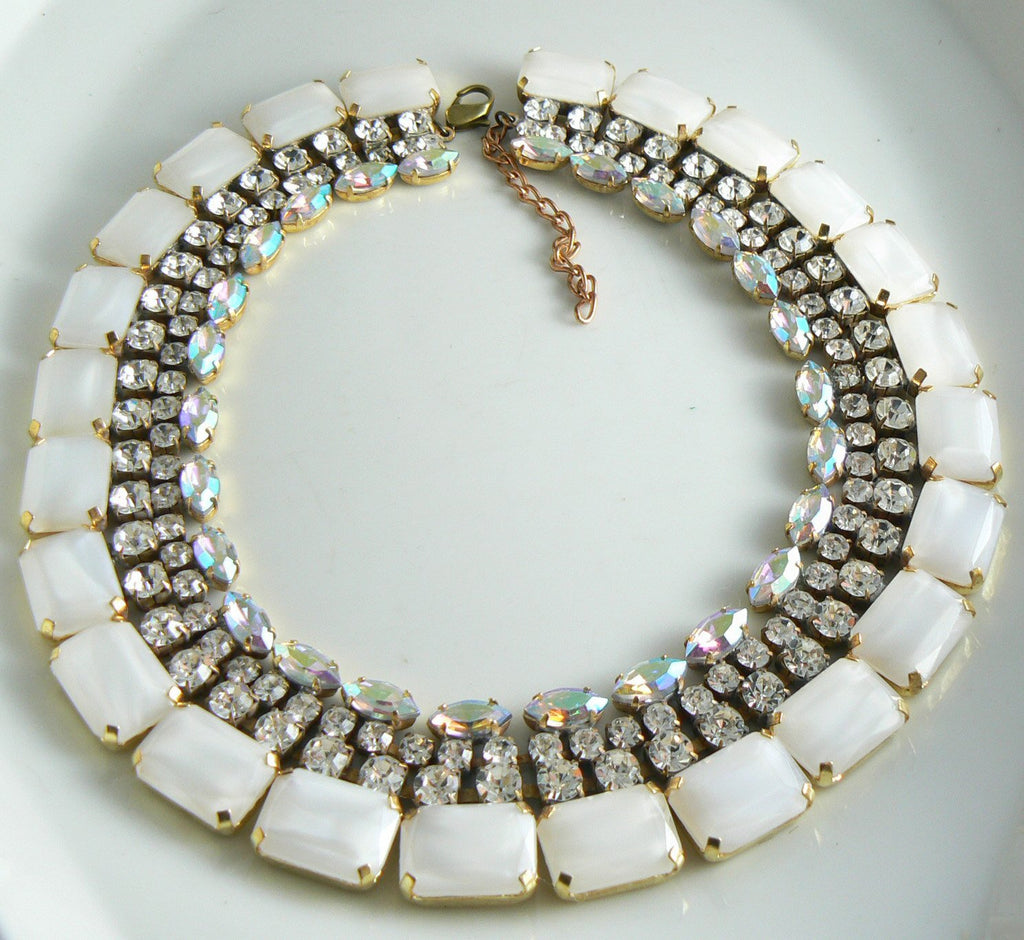 Czech Glass White Opal, Borealis And Rhinestone Necklace