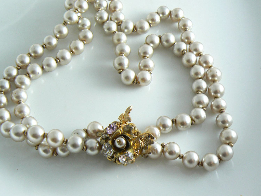 Miriam Haskell Two Strand Glass Pearl Choker Fancy Rhinestone Clasp