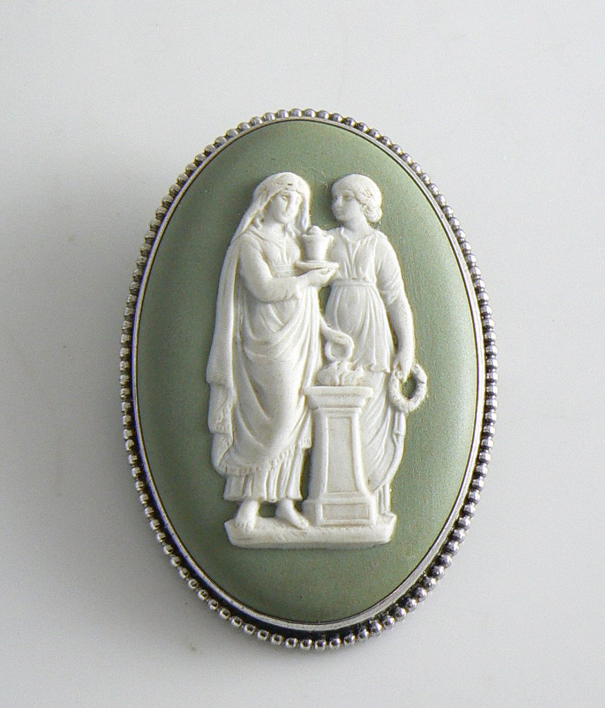 Vintage Silver Wedgwood Green Jasperware Cameo Brooch