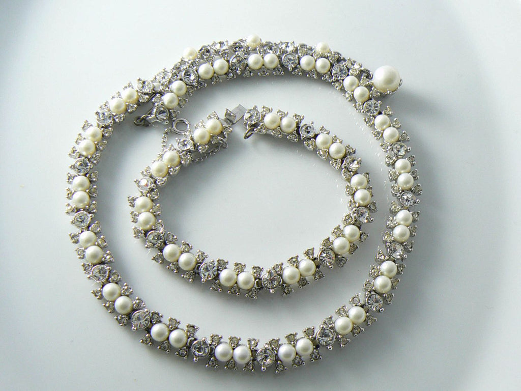 Vintage Bogoff Faux Pearl And Rhinestone Necklace Bracelet Set