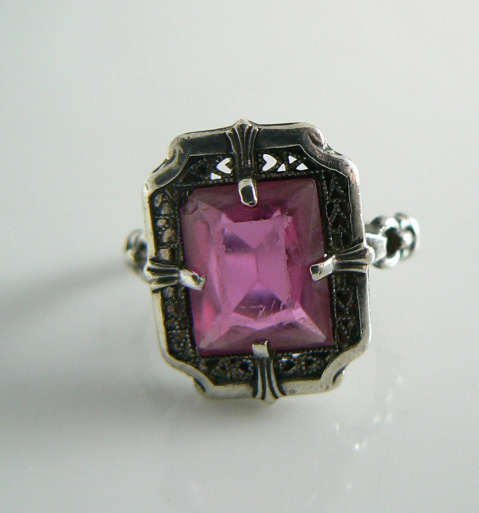 Art Deco Era Sterling Silver Filigree Pink Paste Ring