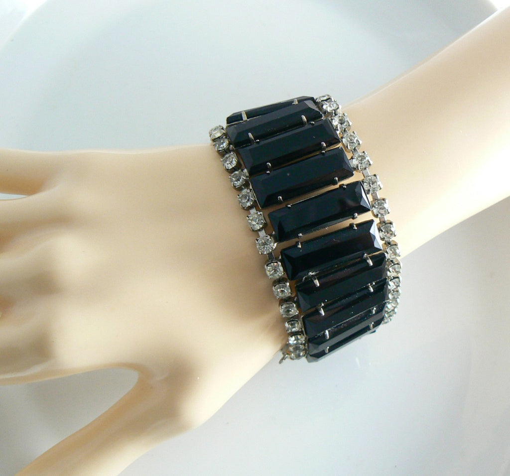 Vintage Black Glass And Crystal Rhinestone Bracelet