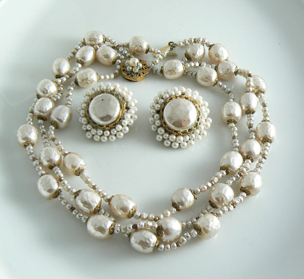 Miriam Haskell Baroque Pearl 3-strand Necklace Earring Set