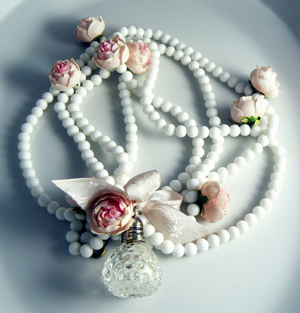 Milk Glass Necklace Pink Rose Perfume Bottle Pendant - Vintage Lane Jewelry