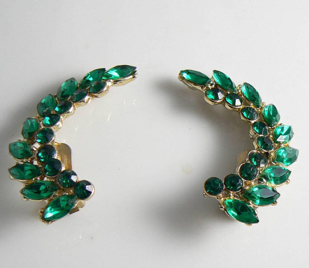 Vintage Green Rhinestone Ear Climber Clip Earrings