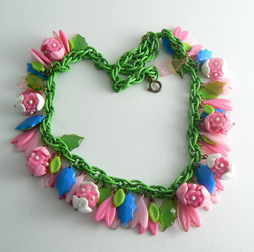 Pink And Blue Retro Enamel Plastic Flower Charm Necklace