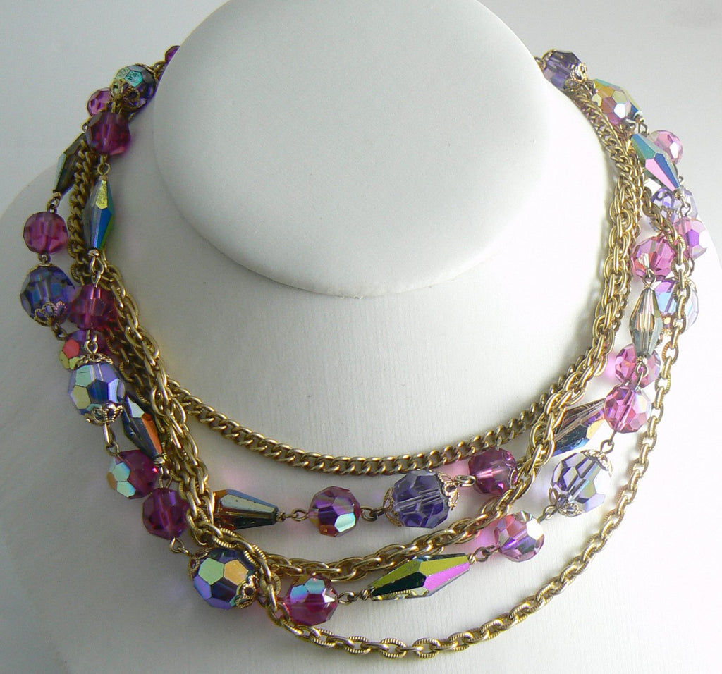 Vintage Colorful Hot Pink And Purple Crystal Multi-strand Necklace - Vintage Lane Jewelry