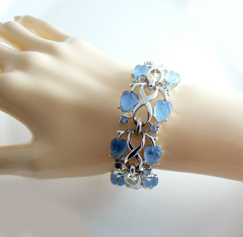 Coro Blue Molded Leaves Rhinestone Bracelet
