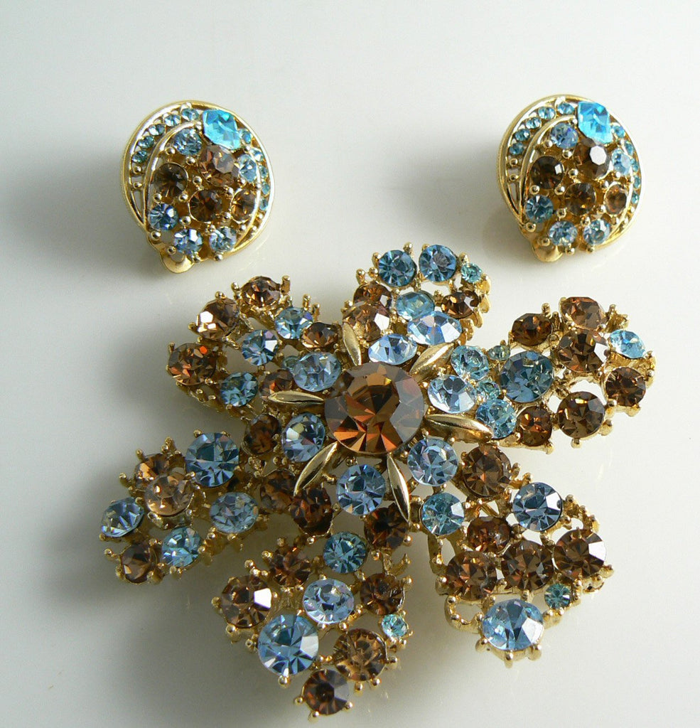 Lisner Blue and Bronze Rhinestone Demi Parure