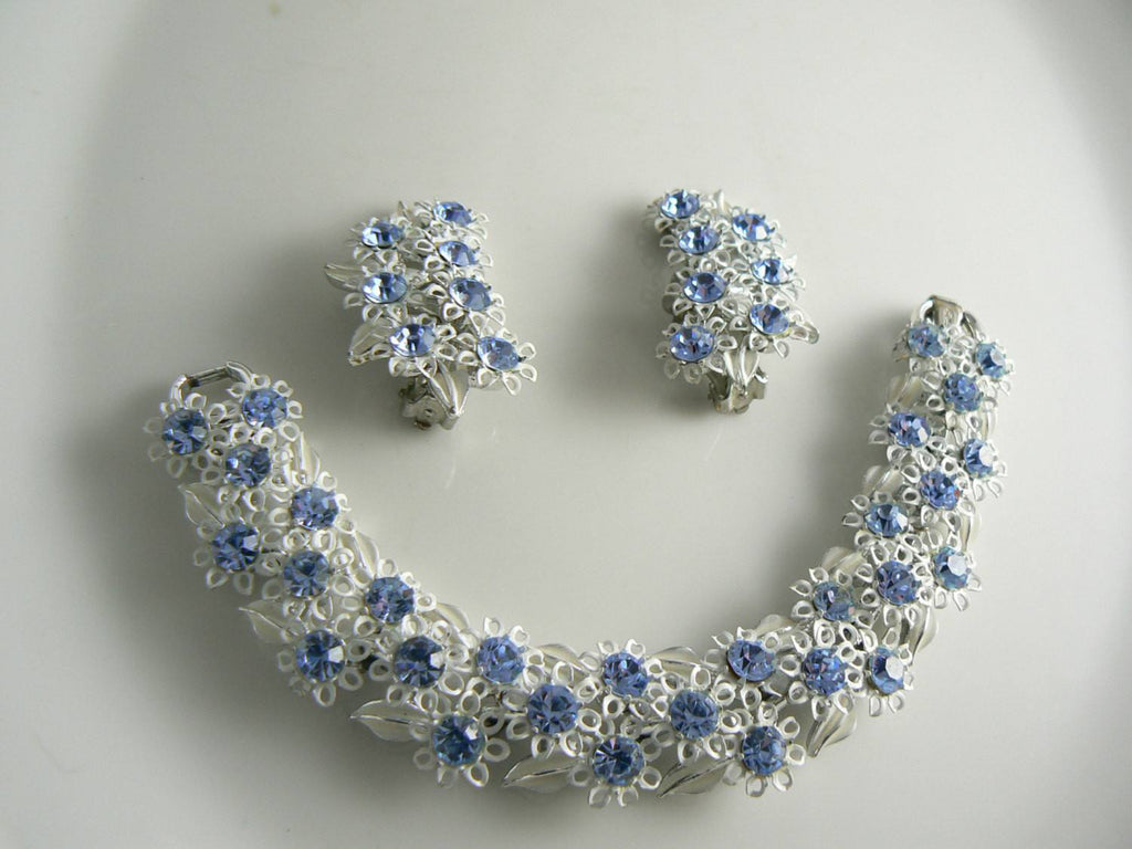 Lisner Blue Rhinestone White Enamel Flower Demi Parure
