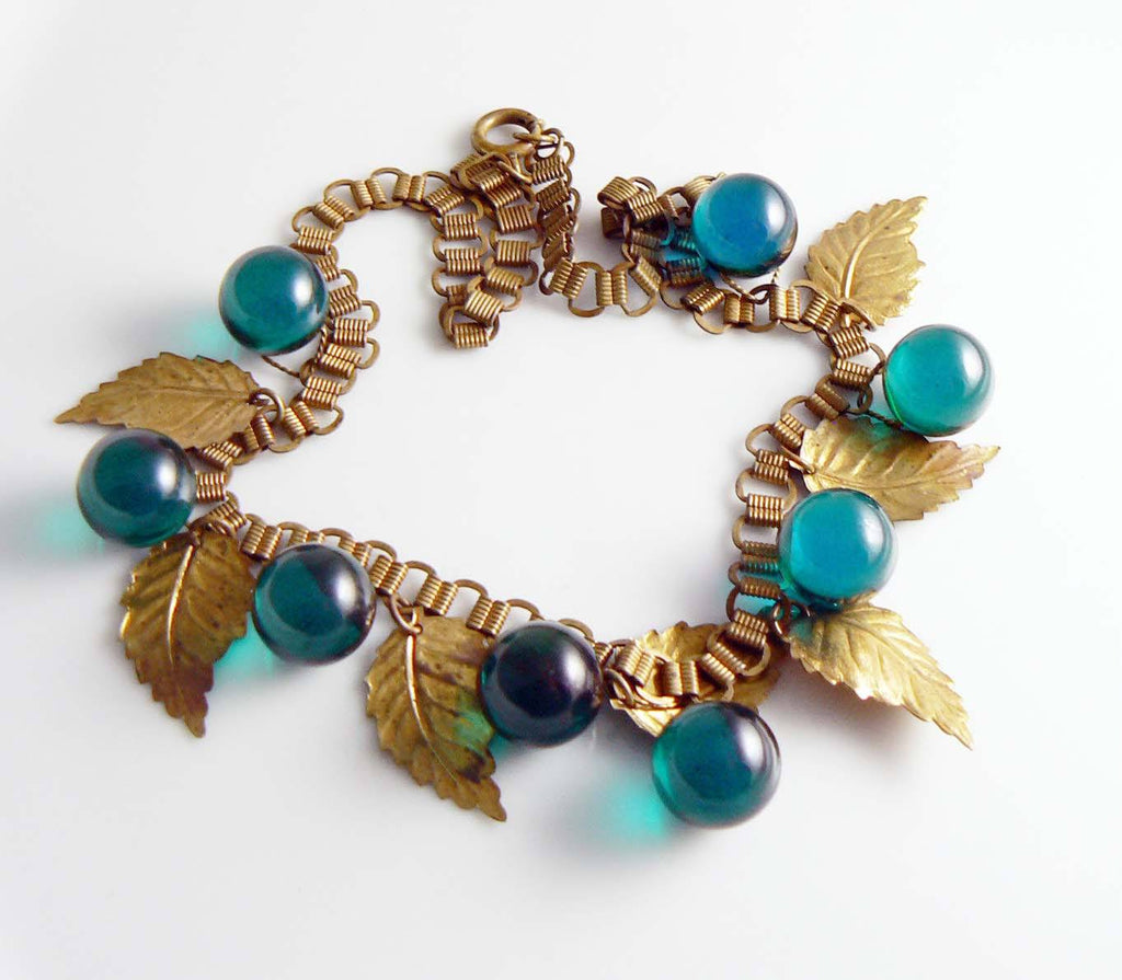 Art Deco Teal Green Balls and Leaves Necklace