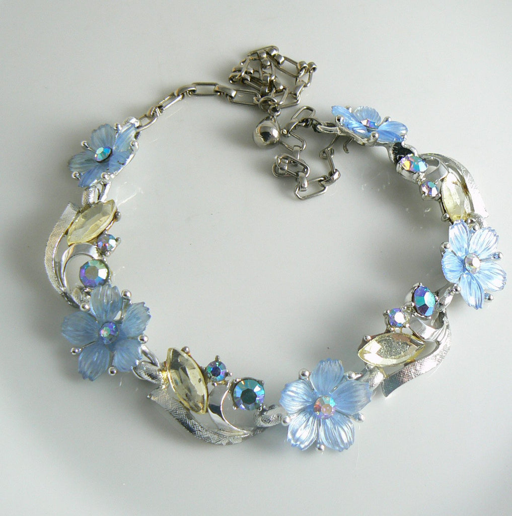 Blue Lucite Rhinestone Flower Necklace