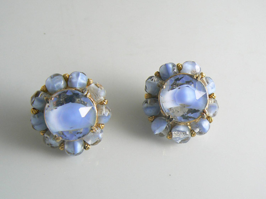 Blue Givre Glass Stone Hattie Carnegie Clip Earrings