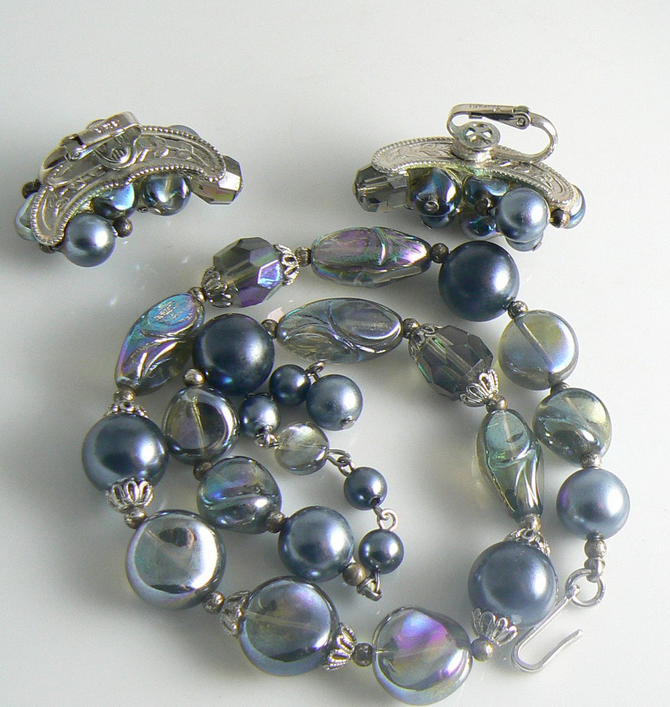 Trifari Iridescent Peacock Color Glass Necklace and Earrings - Vintage Lane Jewelry