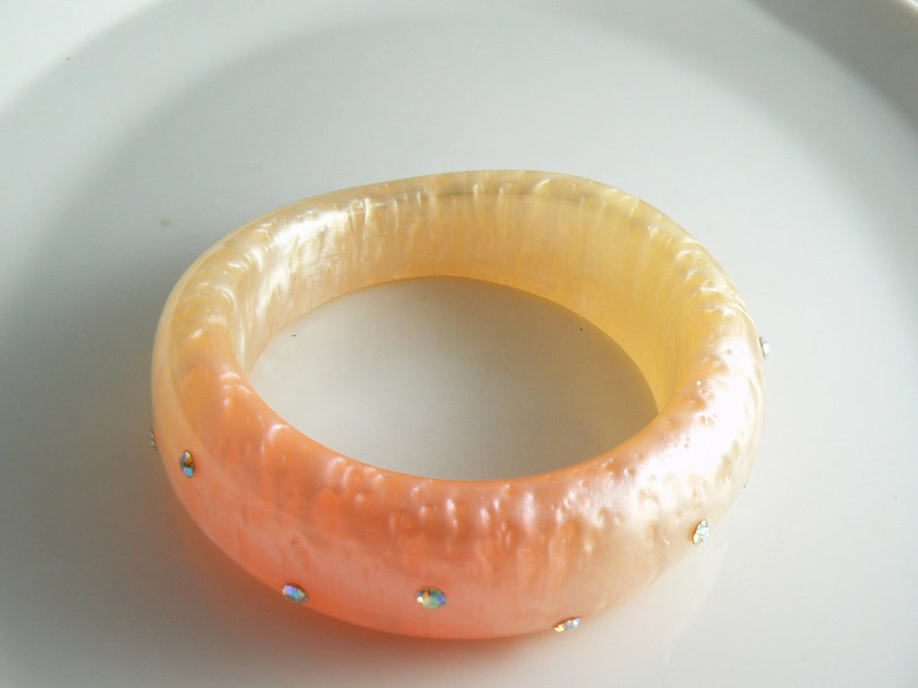 Chunky Peach Orange Bangle Rhinestone Bracelet - Vintage Lane Jewelry