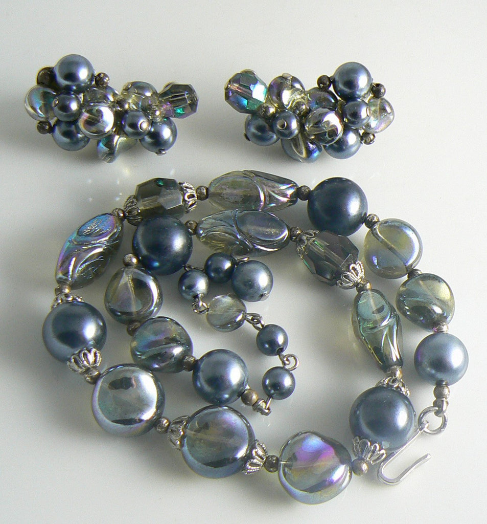 Trifari Iridescent Peacock Color Glass Necklace and Earrings