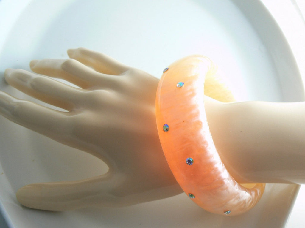 Chunky Peach Orange Bangle Rhinestone Bracelet - Vintage Lane Jewelry