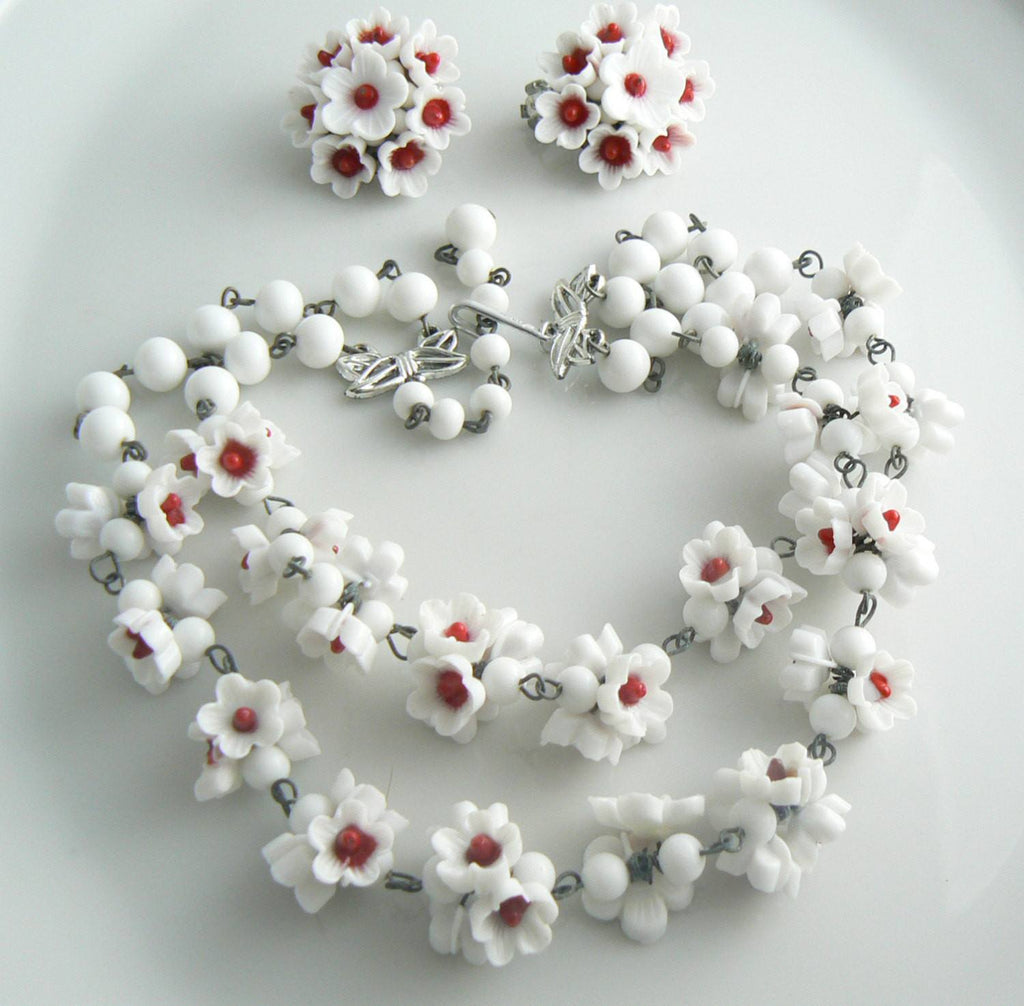 White Glass Flower Necklace Earring Set