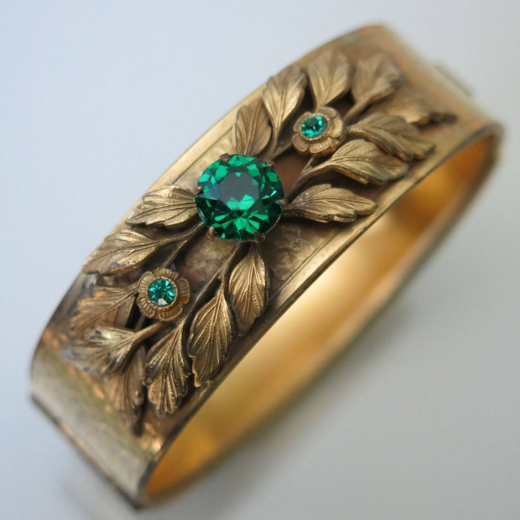 Victorian Revival Emerald Glass Leaf Bangle Bracelet