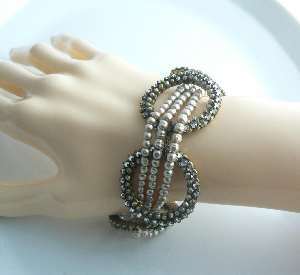 Rare Early Miriam Haskell Seed Pearl & Rose Montee Bracelet - Vintage Lane Jewelry