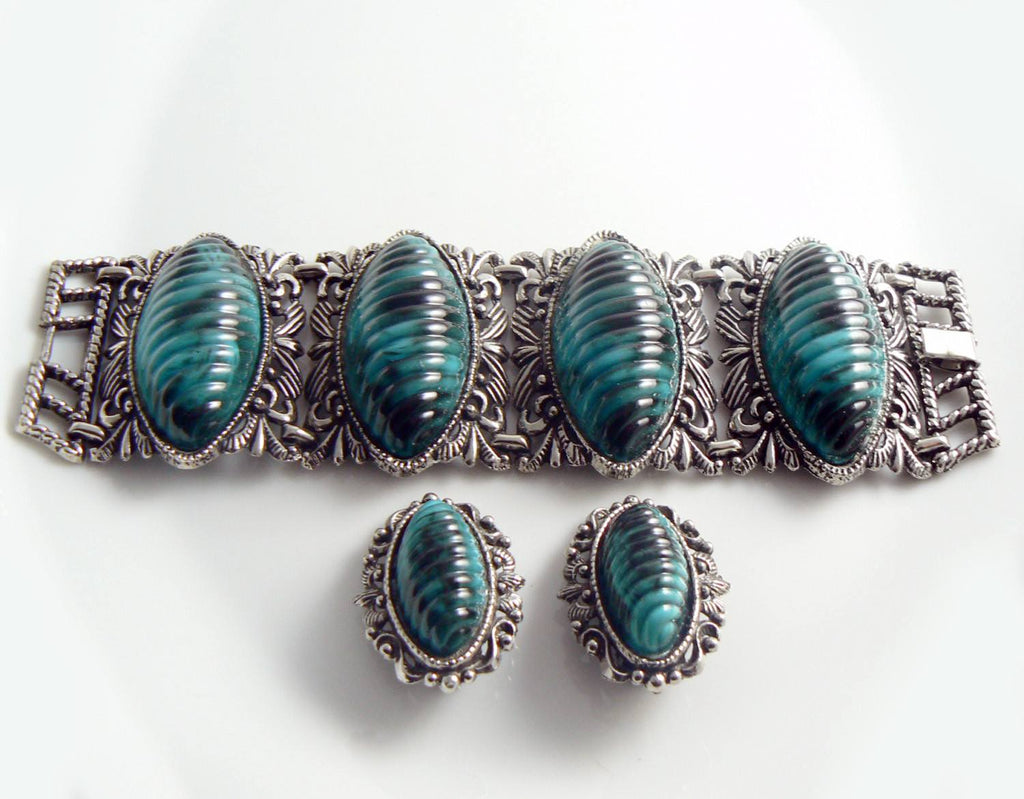 Marbled Black and Blue Beaded Vintage Bracelet Earring Set