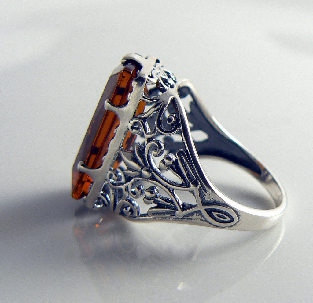 Orange Citrine Sterling Leaf Art Nouveau Filigree Ring - Vintage Lane Jewelry