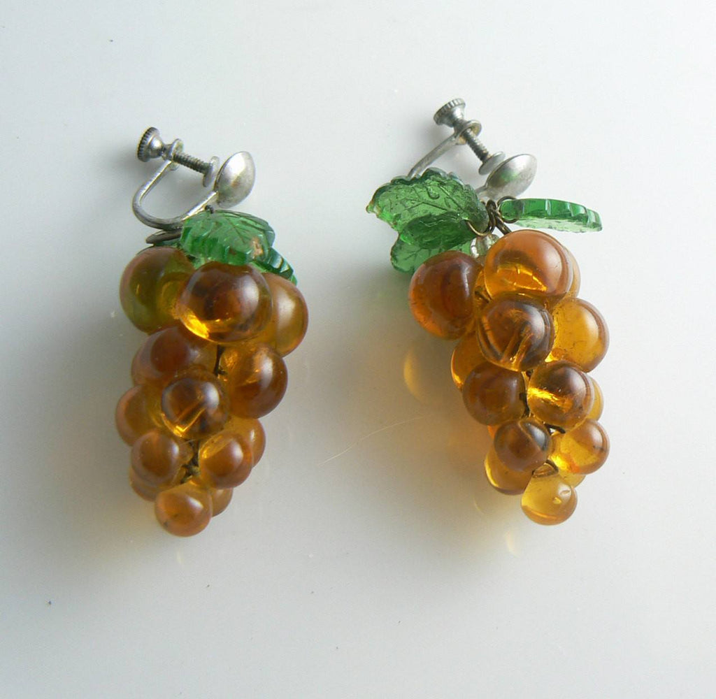 Vintage Amber Glass Grapes and Leaves Earrings