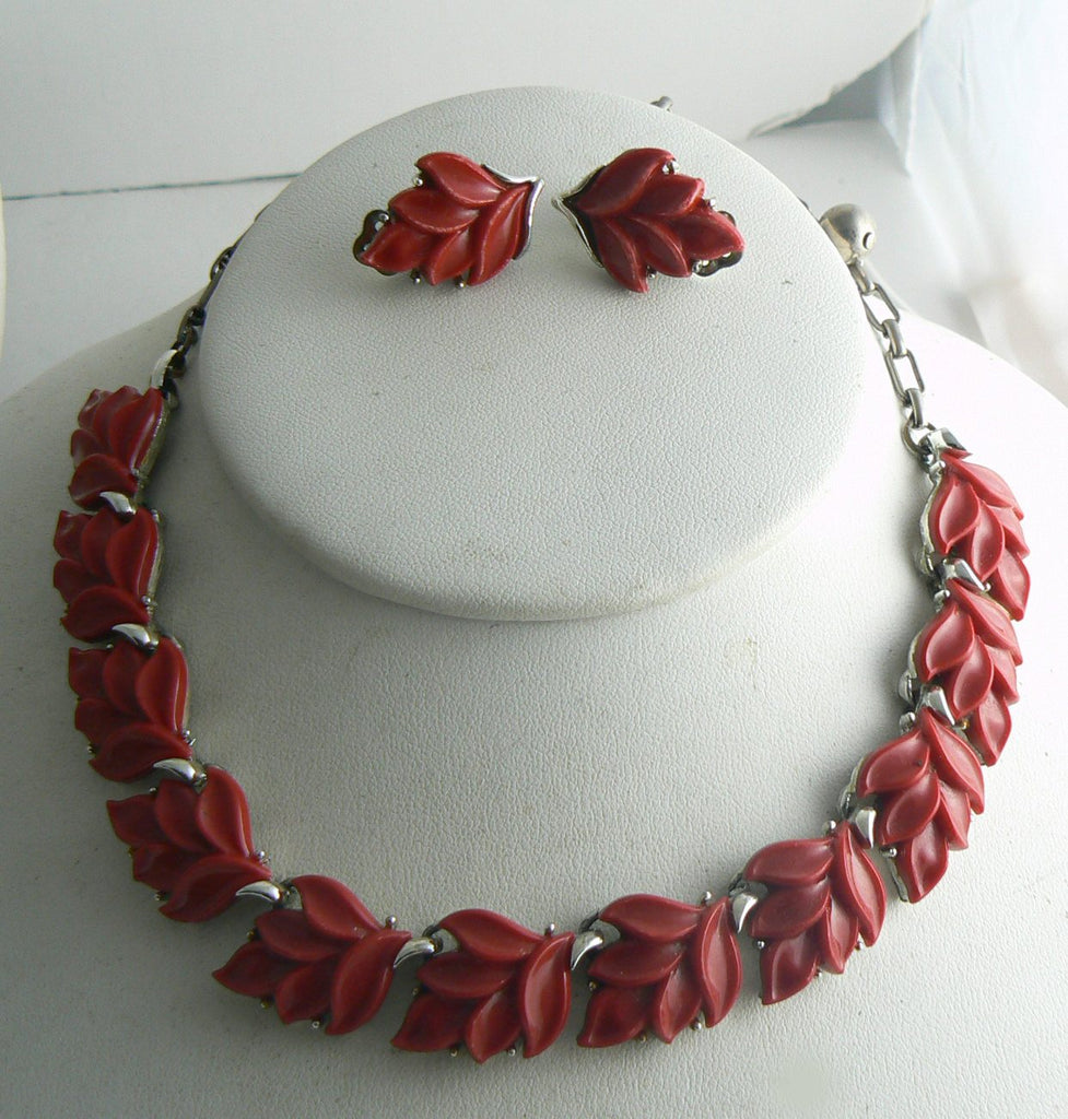 Vintage Red Thermoset Leaves Necklace Earring Set - Vintage Lane Jewelry