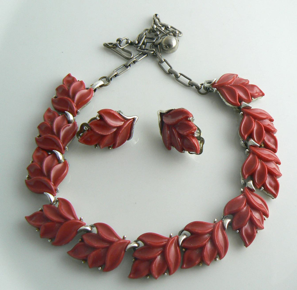 Vintage Red Thermoset Leaves Necklace Earring Set