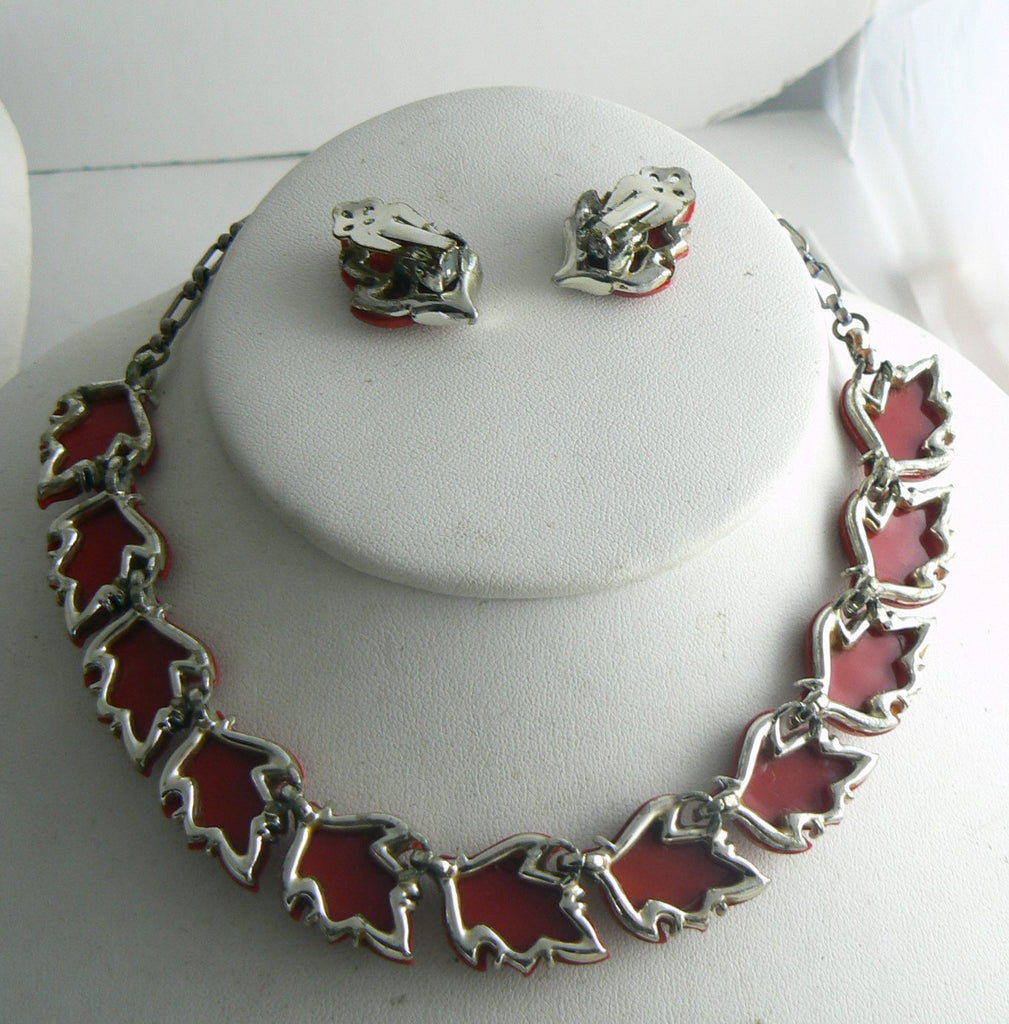Vintage Red Thermoset Leaves Necklace Earring Set - Vintage Lane Jewelry