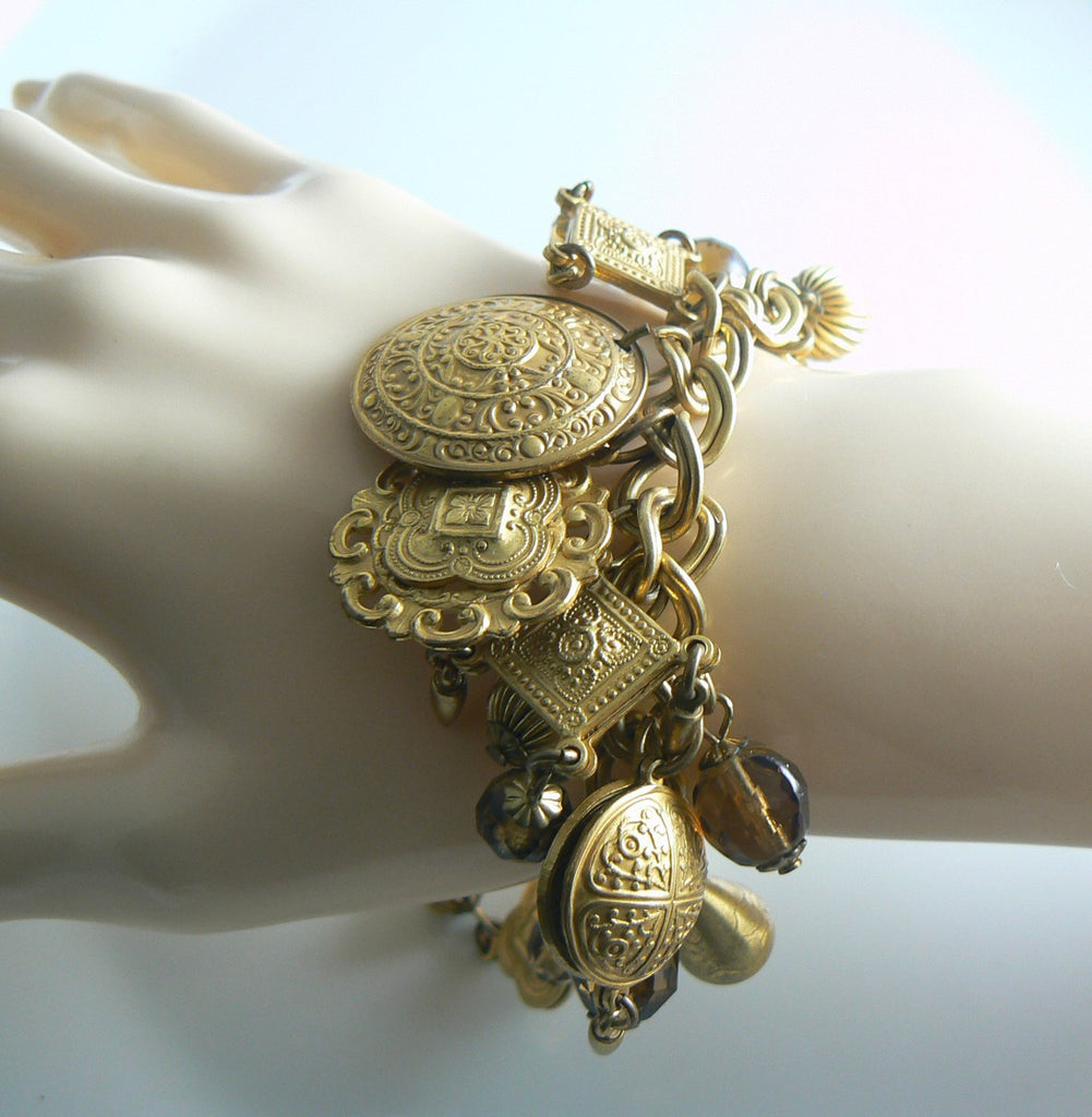 Miriam Haskell Russian Gold and Crystal Charm Bracelet