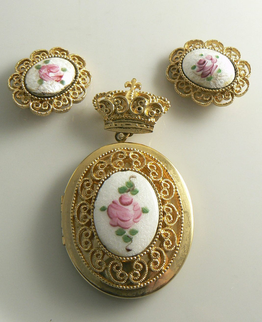 Guilloche Pink Rose Enamel Locket Pin & Earring Set