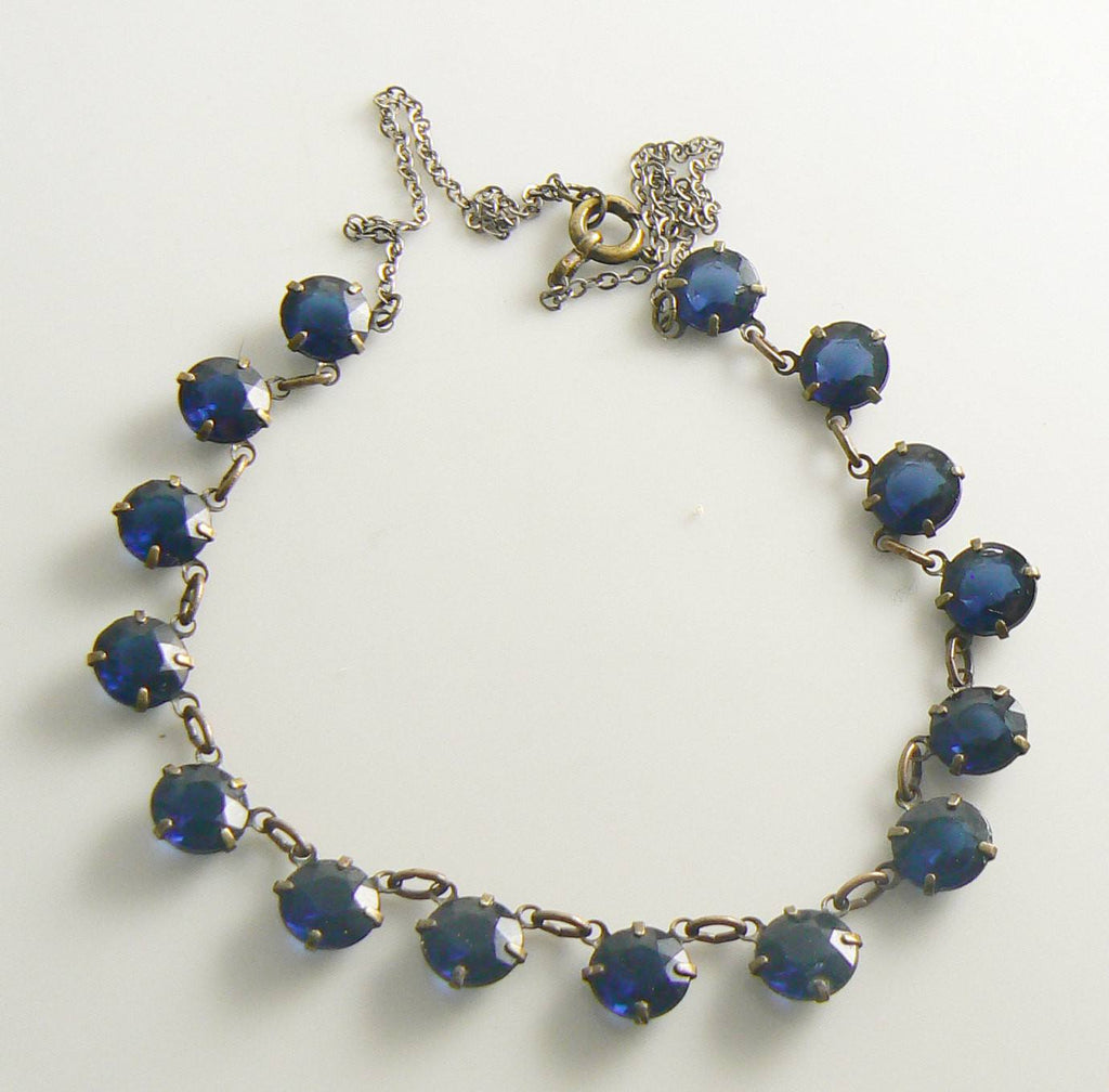 Art Deco Deep Sapphire Blue Faceted Glass Necklace