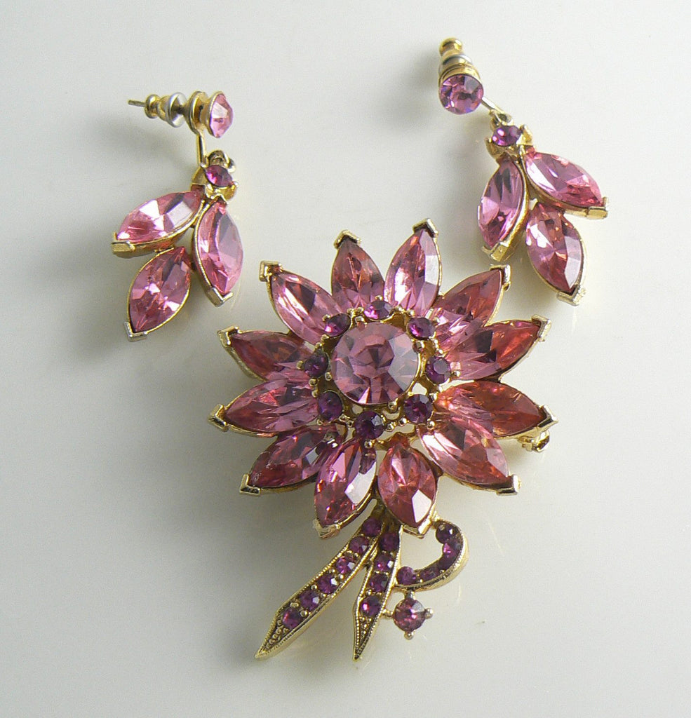 Weiss Pink Rhinestone Flower Demi Parure