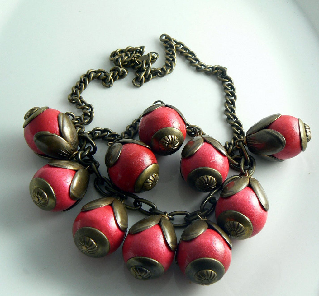 Wood Bead Fringe Hot Pink Charm Necklace
