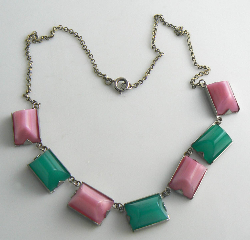 Art Deco Pink Green Chryosprase Glass Sugarloaf Silver Necklace